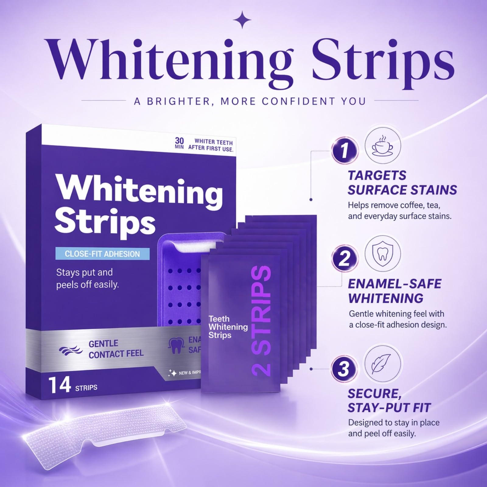 2026 New Purple Teeth Whitening Strips, Skin Tone Correcting Purple Teeth Whitening Strips, Remove Yellow Stains, Enamel Safe for Sensitive Teeth, 30-Minute Treatment, 1 Box - 14 Strips (1 box) — view 9