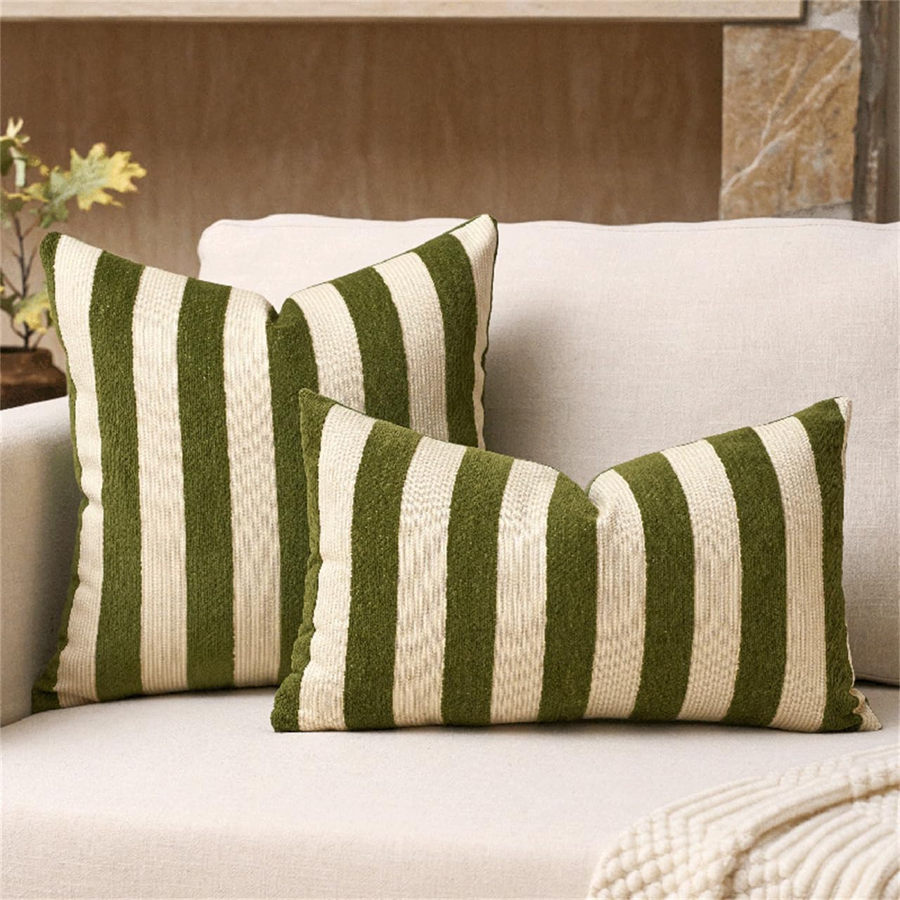 Housses de coussin en chenille lot de 2 housses de canapé crème vert 60x60