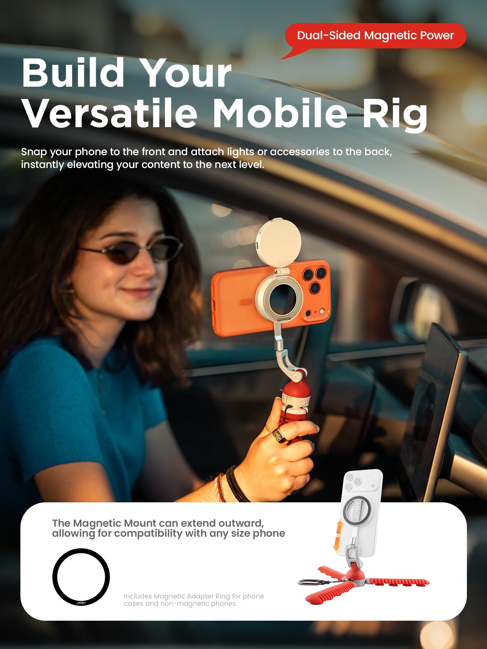 JOBY PodZilla Trépied à Ventouse pour Téléphone Portable, Mini Perche à Selfie Magnétique, 360° Rotation&200° Inclinaison, Support de Smartphone Compatible avec MagSafe iPhone 17 16 15 14 13 12 Rouge