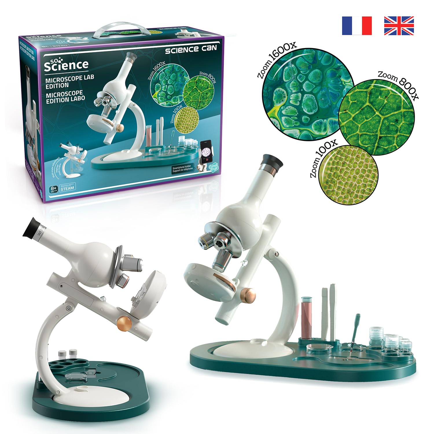Canal Toys - So Science - Mikroskop Labo Edition dla dzieci od 8 lat - 100-1600-krotny zoom - Uchwyt na smartfon - 12 ostrzy i akcesoriów - Zestaw edukacyjny i naukowy STEM - PL/en - COS 004FR
