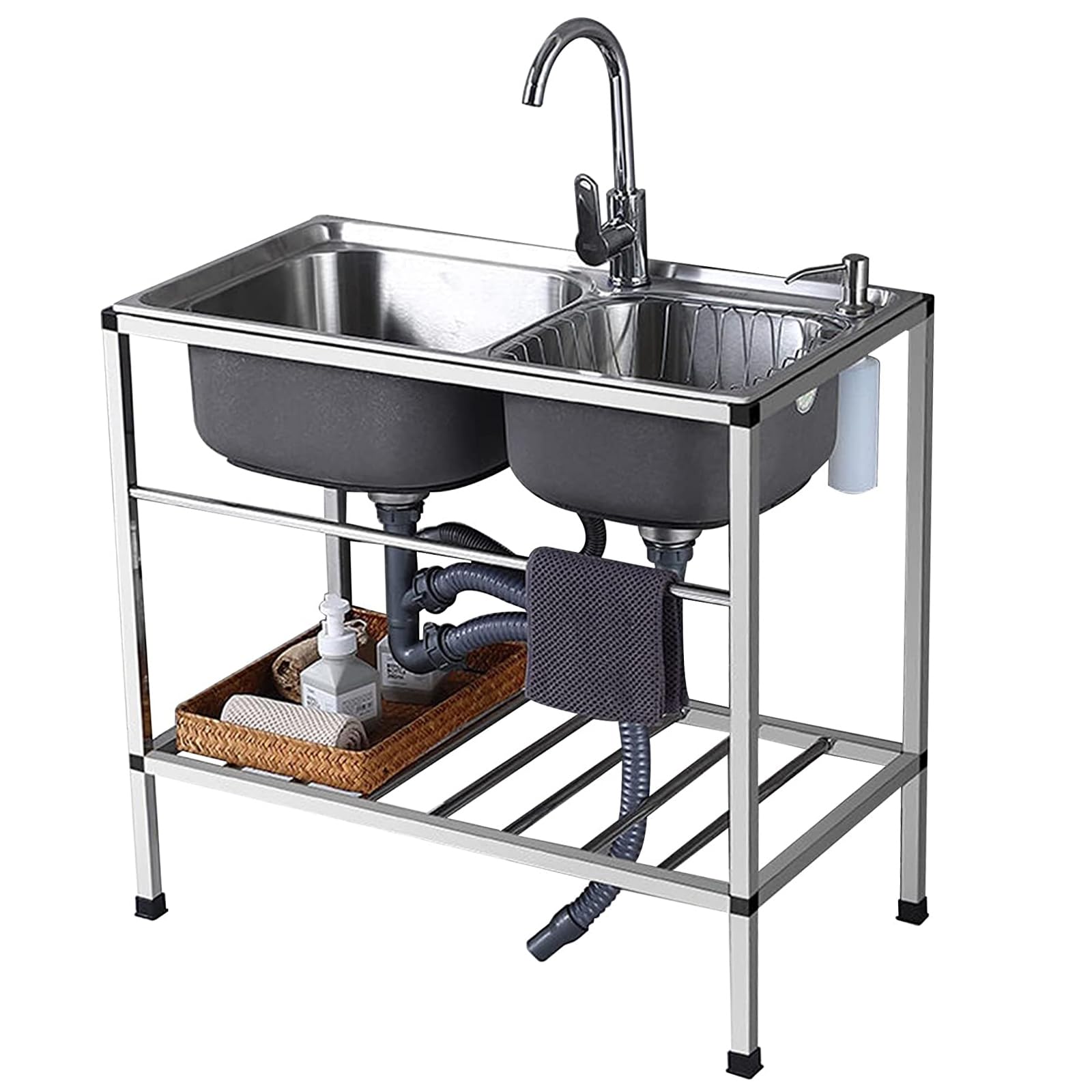 YADZISW Utility Sink Double Bowl Kitchen Sinks 304 Stainless Steel with Storage Shelf Freestanding Outdoor Faucet for Garage Laundry Bar Restaurant