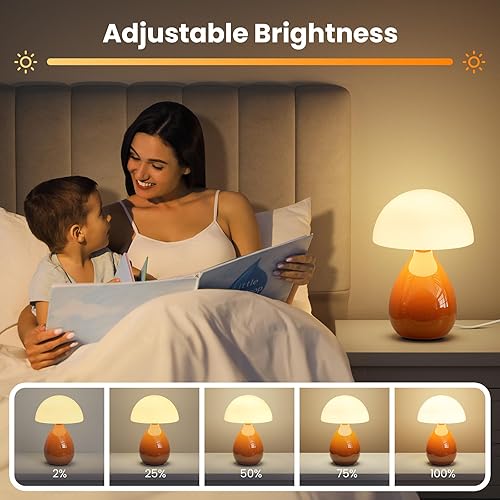 Miniatura 4 de Lámpara de hongo, mini lámpara moderna pequeña vintage para mesita de noche, luz pequeña regulable para dormitorio, sala de estar, base de cerámica,