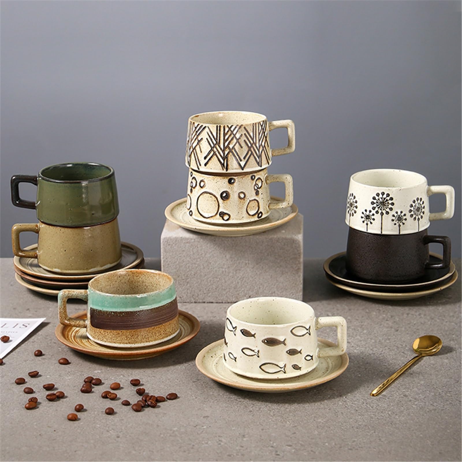 Taza de café Taza de café cerámica comercial, té con leche, avena, diseño retro, for casa, restaurante, platillo y cuchara Tazas
