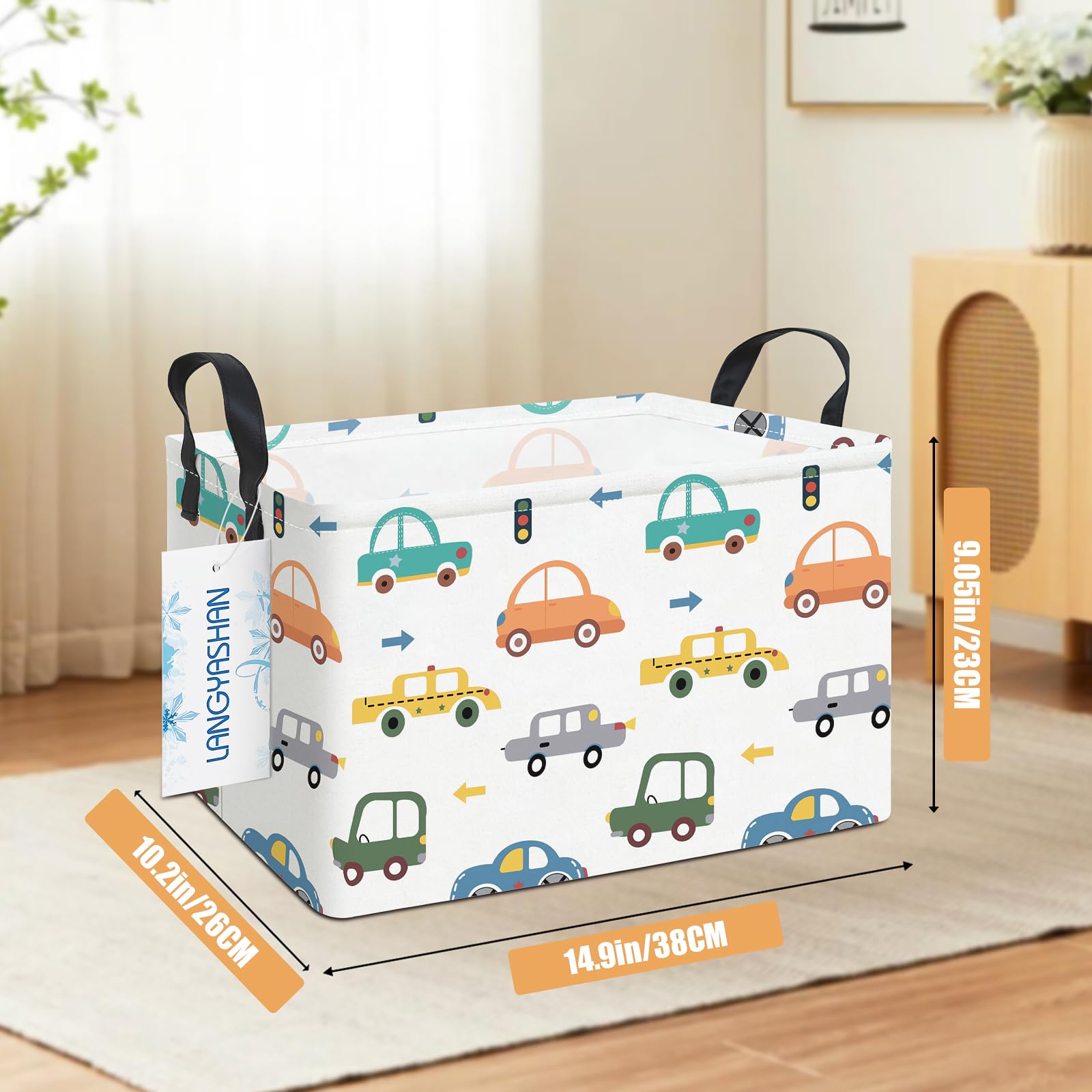 Cesta de almacenamiento rectangular de lona plegable de tela de dibujos animados con asas para organizar el hogar, cocina, niños y niñas, juguetes de oficina, armario, estantes (autos de 2