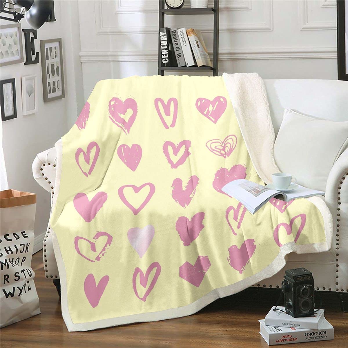 Manta de felpa romántica con forma de corazón, manta de forro polar para el día de San Valentín, manta sherpa para niños y niñas, cónyuges hipster, pareja para sofá cama, individual 128 x 152 cm