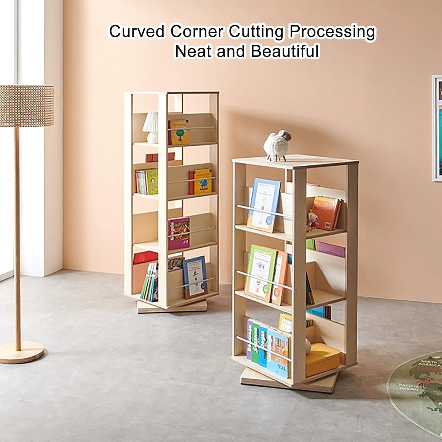 Estantería de pie giratoria de 360° de madera maciza con estante de almacenamiento multicapa para libros ilustrados infantiles