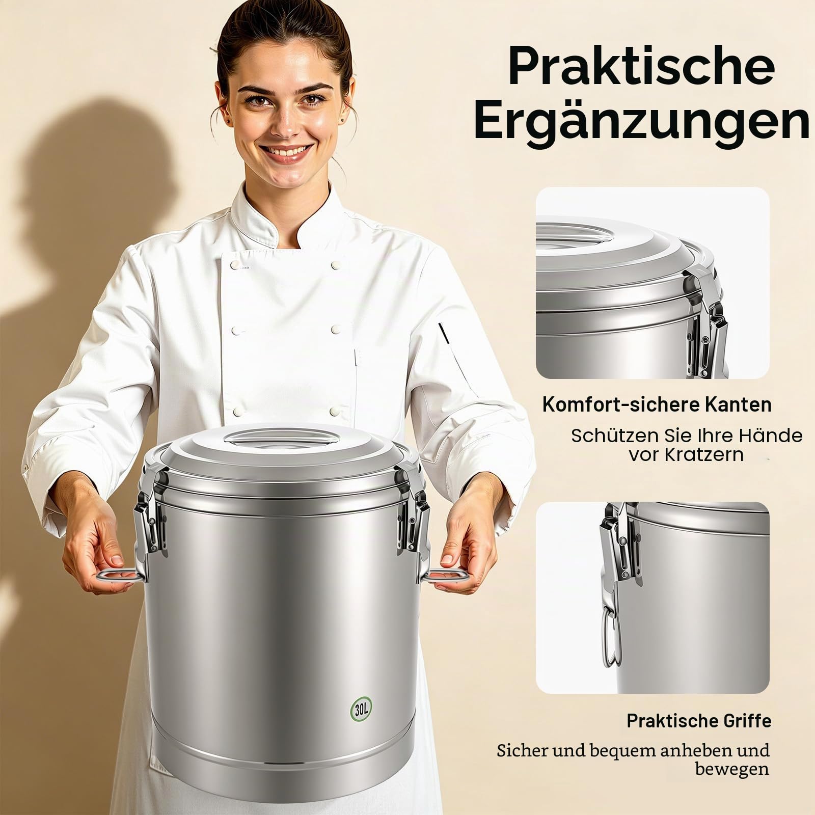 Transport Thermobehälter für Essen, 10/20/30L Gastro Warmhaltebehälter Isolierter Edelstahl Thermobox Hält Essen 12h Kalt & Warm, Versiegelter Eimer mit Deckel für Nudeln, Suppe (34.5x34.5x38.5cm 30L)