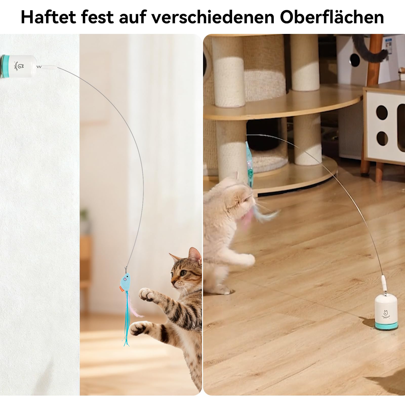 Migipaws Interaktives Katzenspielzeug mit starkem Saugnapf, 70 cm flexiblem Draht und DIY Biegedesign, Katzenangel mit Federn & Auto-Timer, Katzenspielzeug selbstbeschäftigung,wiederaufladbar
