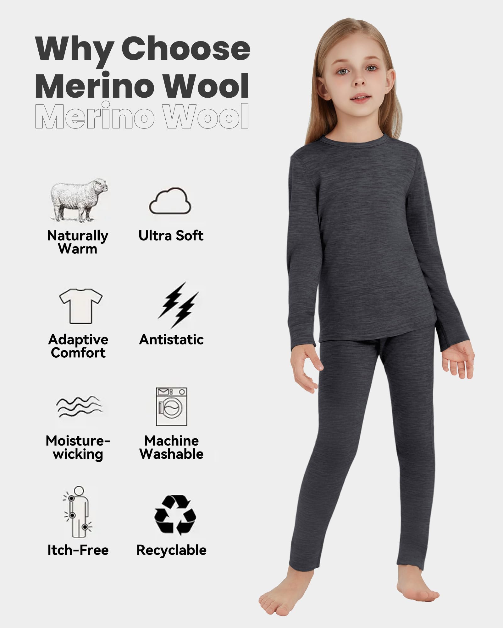Ropa interior térmica infantil unisex, 100 % lana merino, juego para niños y niñas, ropa interior de esquí de invierno, cálida y cómoda, 260 g/m², gris brezo, 7-8