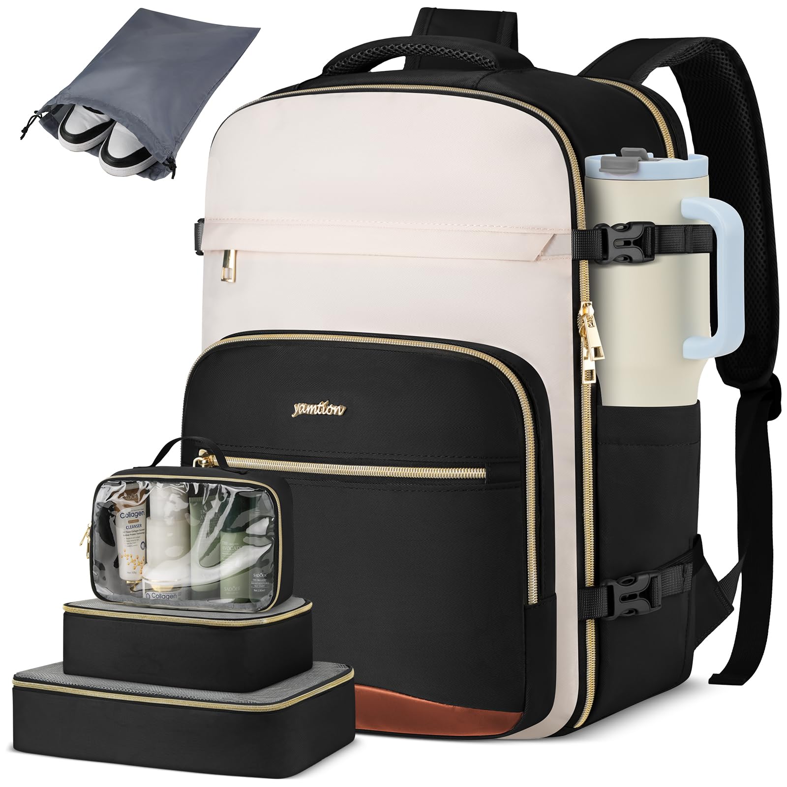 Mochila Cabina Avión para Ryanair,42L Mochila de Viaje de Gran Capacidad con Compartimento para Portátil de 17.3", Set de 5 Piezas y Bolsillo Húmedo, Equipaje de Mano para Mujer