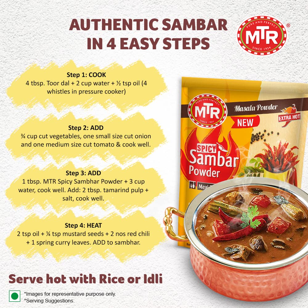MTR Spicy Sambar Powder | Traditional Masalas | Authentic Sambar with a spicy twist | 200g - Image 4 thumbnail