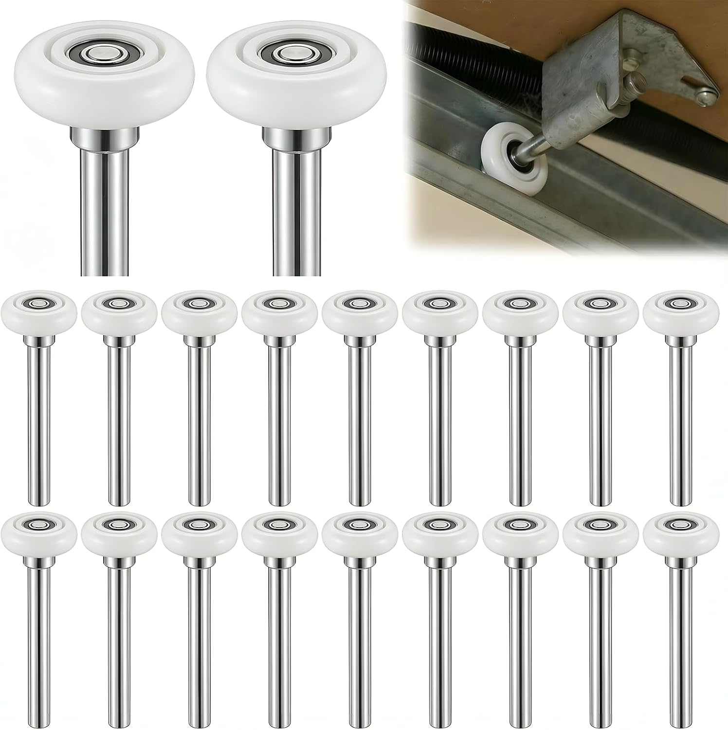 20-Pack 7" Stem 3" Commercial Nylon Garage Door Rollers, Long Stem Reinforced Wheels for Double Hinge Setups & Heavy Industrial Doors, Fits 3" Tracks