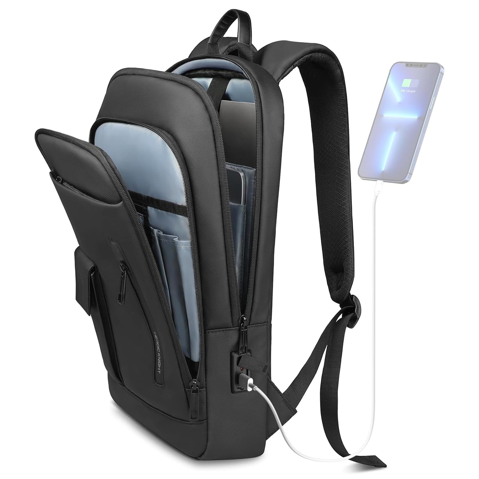 HEROIC KNIGHT Slim Laptop Backpack for Men, Business Backpack with USB Charging Port, 15.6 Inch Lightweight Travel Backpack, Water Resistant Small