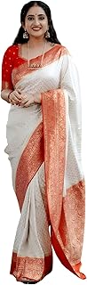 Traditional White & Pink Border Banarasi kanjivaram Silk Sarees for Wome...
