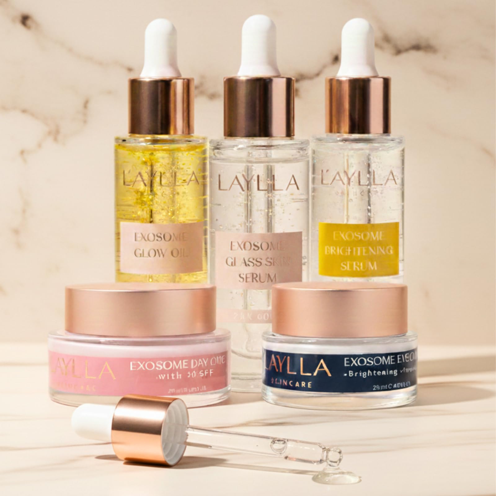 L'AYLLA Exosome Glass Skin Serum 20 ml - Cam Cilt Görünümü Veren Aydınlatıcı Serum | 24K Altın ve Goji Eksozomu ile Işıltı Veren Yaşlanma Karşıtı Bakım - Longevity Skincare