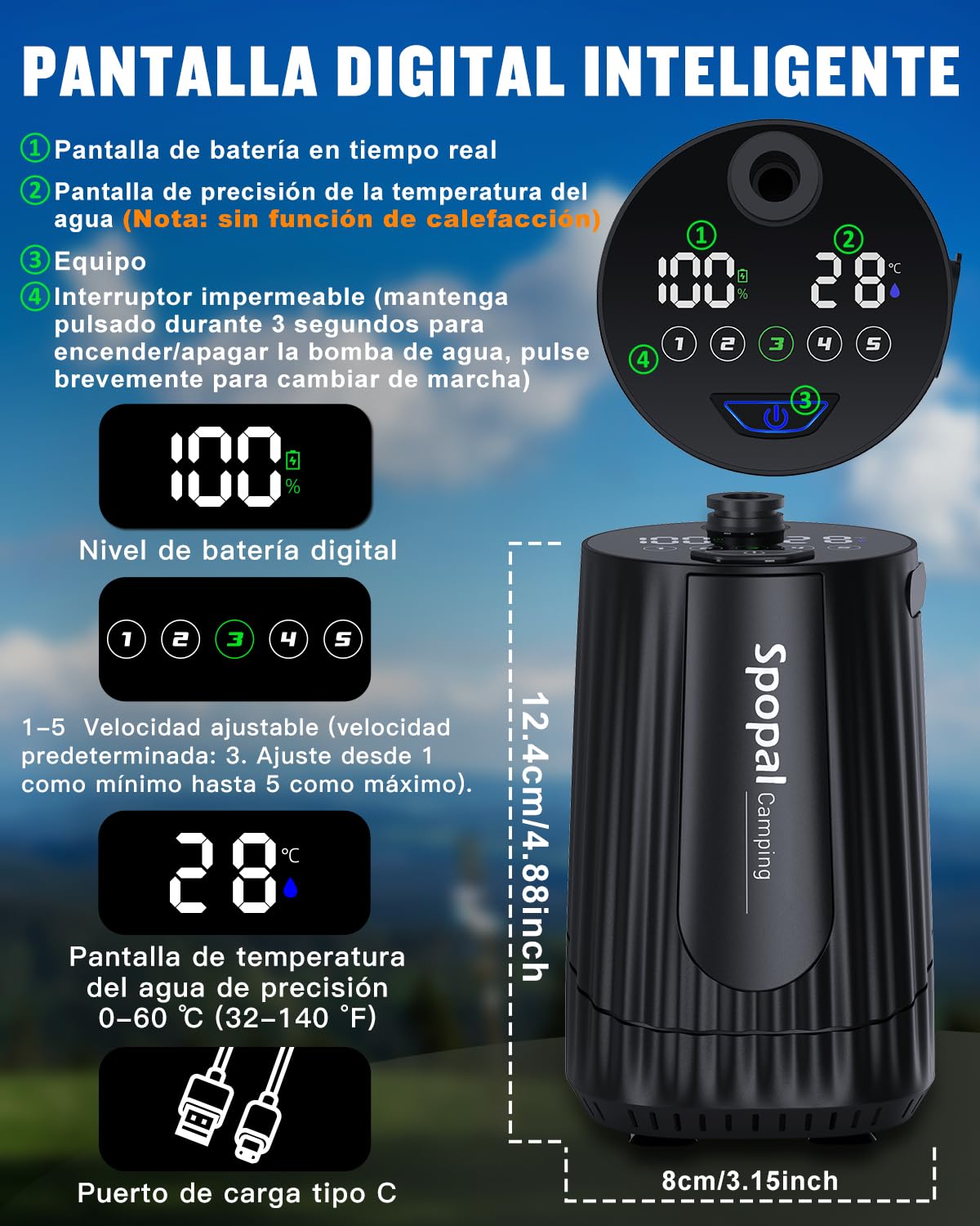 Spopal Ducha Portatil Camping, [Pantalla Temperatura] 10000mAh Recargable Ducha Camper con 20L Garrafa Agua de Plástico, Modo de 5 Velocidad, Ducha Electrica para Acampar, Ducha de Playa & Perros