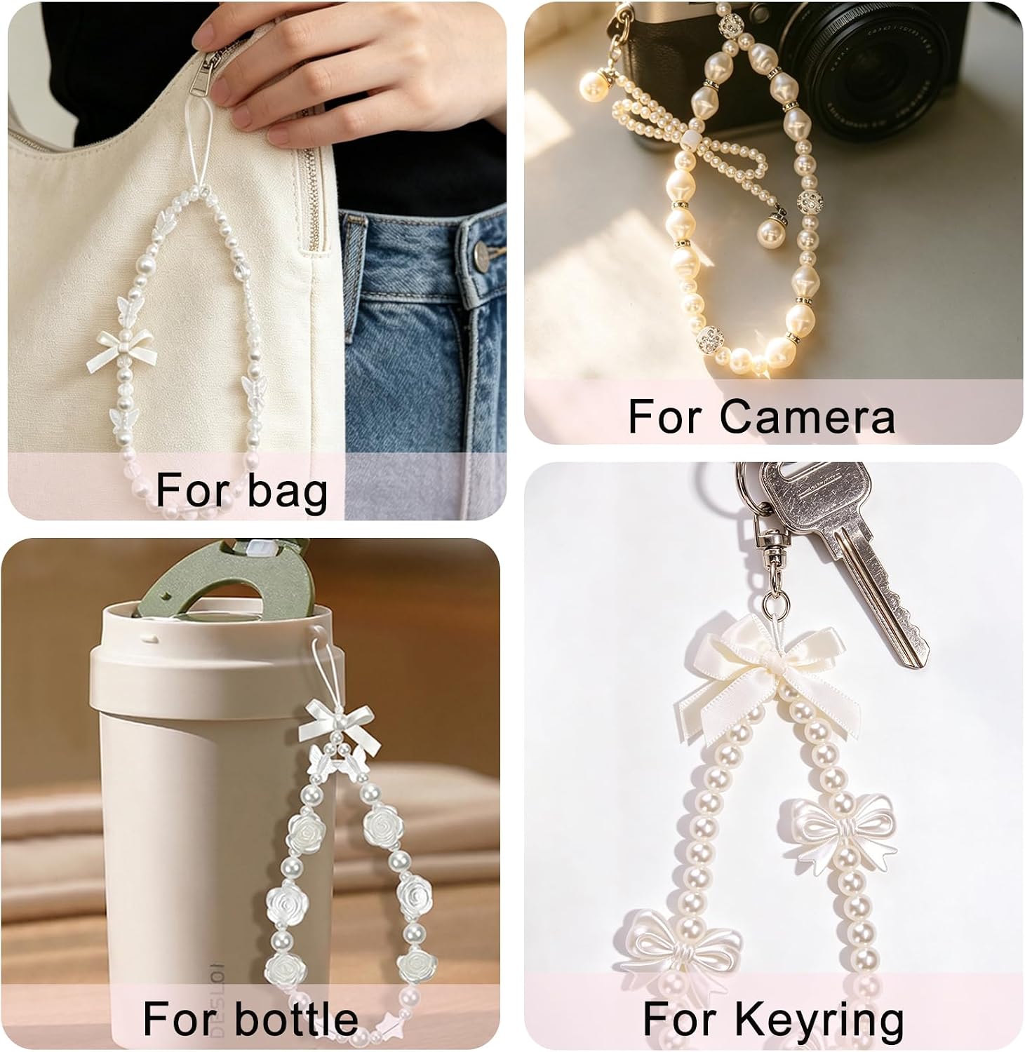 4Pcs Crystal Phone Charm Strap Beaded Phone Wrist Strap with Tether Tab, Sparkling Camera Charm Cute Y2K Cellphone Charms Phones Keychain Wristlet for Bag Wallet Camera