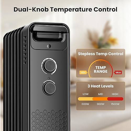 Miniatura 2 de Calentador de radiador eléctrico portátil, calentadores llenos de aceite espacial con 3 ajustes de calor, termostato ajustable, protección contra