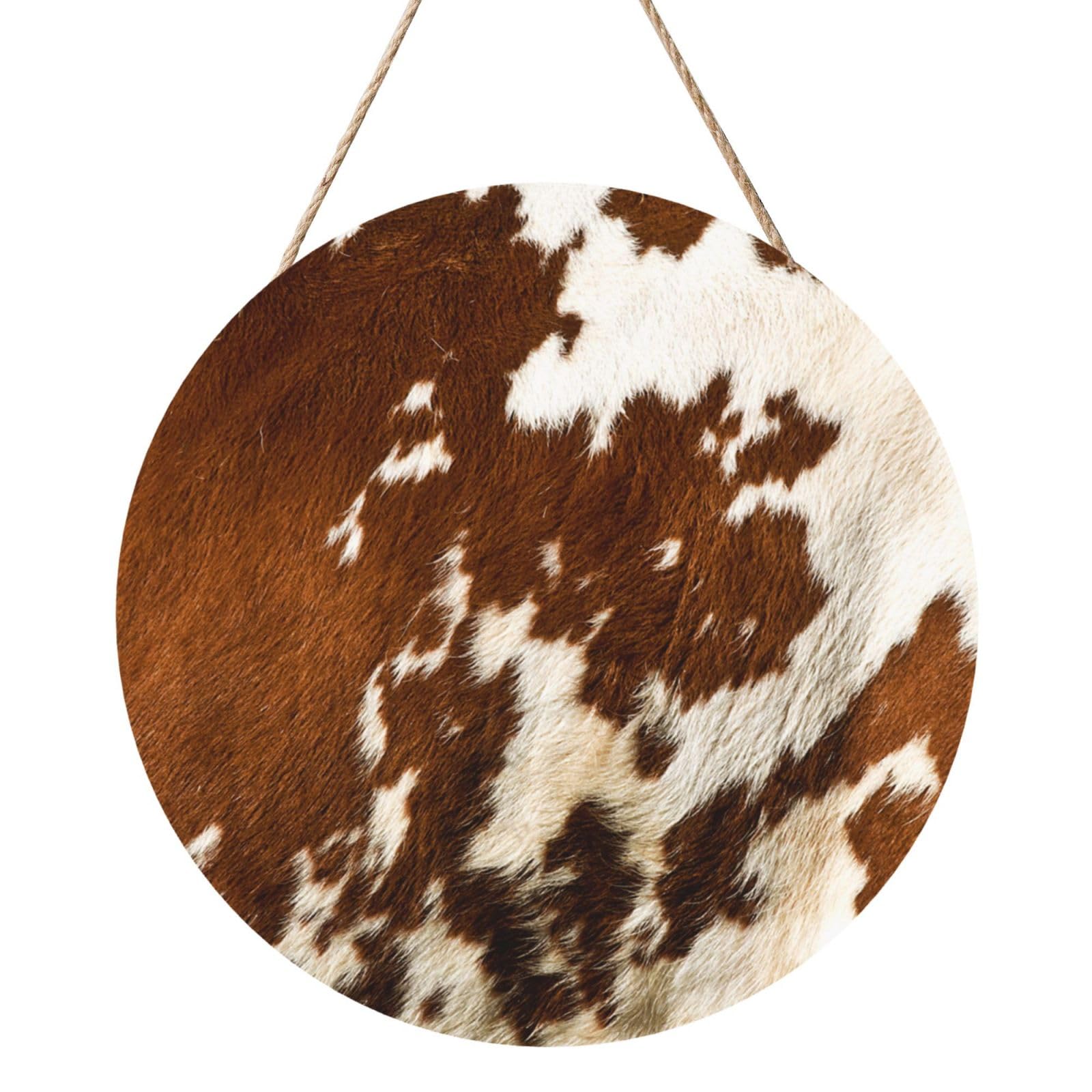 InOmak Red And White Cowhide, Round Wood Panel Painting 12 in, Wall Hanging Painting For Home