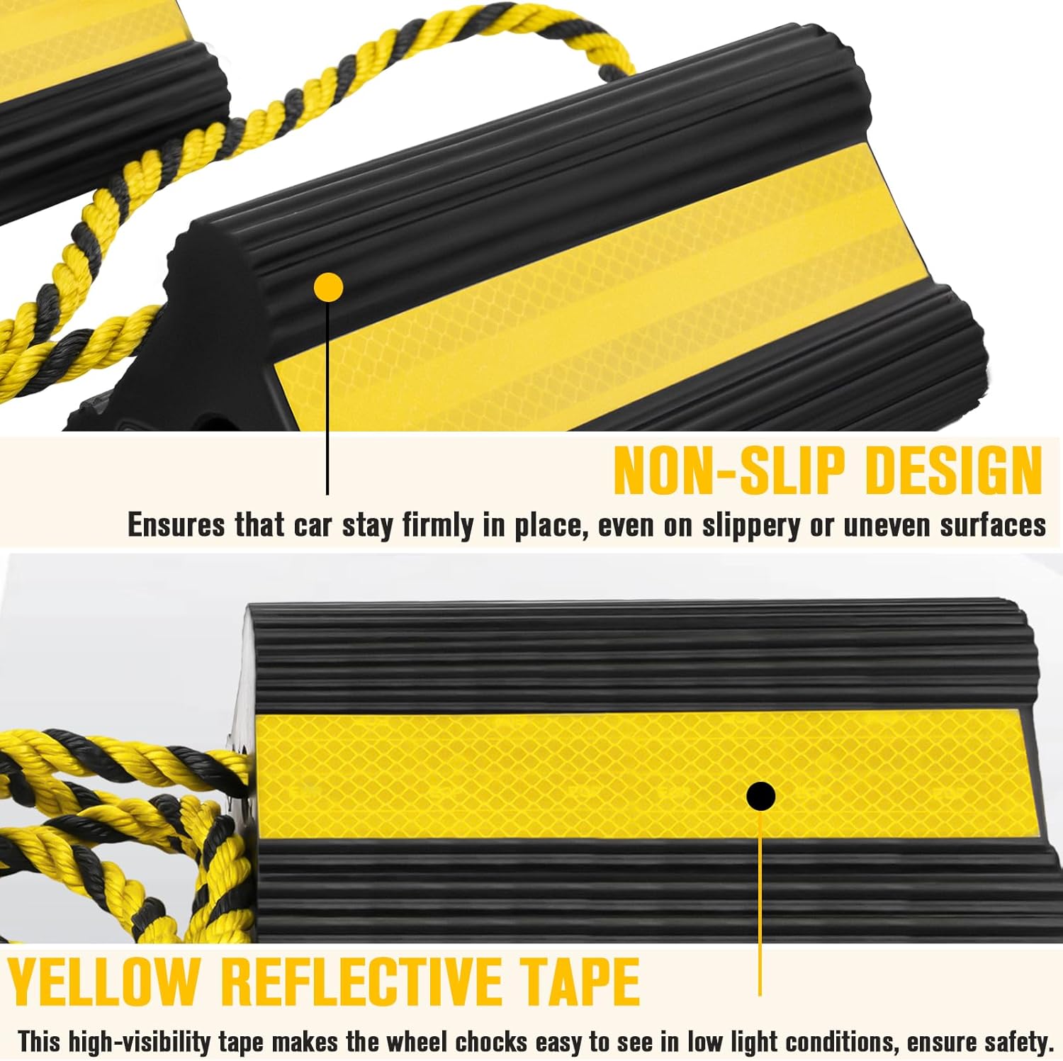 CMOOD Wheel Chocks for RV Travel Trailer Camper Truck Aircraft Car, Rubber Dual Wheel Block, Non-Slip Tire Chocks with Rope, Heavy Duty Wheel Chocks with Nylon Rope Yellow Reflective Tape(4 Pack)