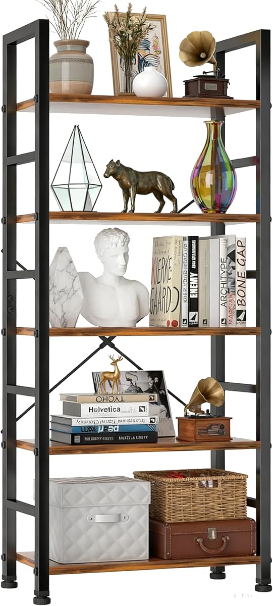 5 Tier Bookshelf, Free Standing Bookcase with Open Storage Shelves | Metal Frame, Sturdy Shelf, Organization Display Rack for Living Room, Bedroom, Home Office, 62.2" Tall, Brown