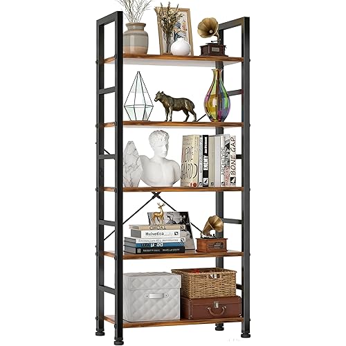 5 Tier Bookshelf, Free Standing Wooden Bookcase with Open Storage Shelves with Metal Frame, Sturdy Shelf Organization Display Rack for Living Room, Bedroom, Home Office, 62.2" Tall, Brown