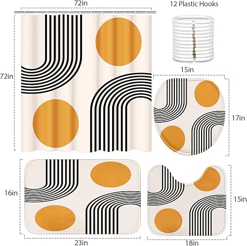 Miniatura 5 de ArtSocket Juego de 4 cortinas de ducha con alfombras, juego de baño de estilo bohemio con alfombra antideslizante, cubierta para tapa de inodoro,