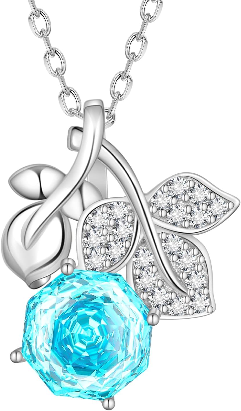 Aurora Tears Birthstone Rose Pendant Necklace - 925 Sterling Silver Rose Cut Cubic Zirconia Flower Leaf Necklace Anniversary Birthday Jewelry Gift for Women Wife Mom Daughter
