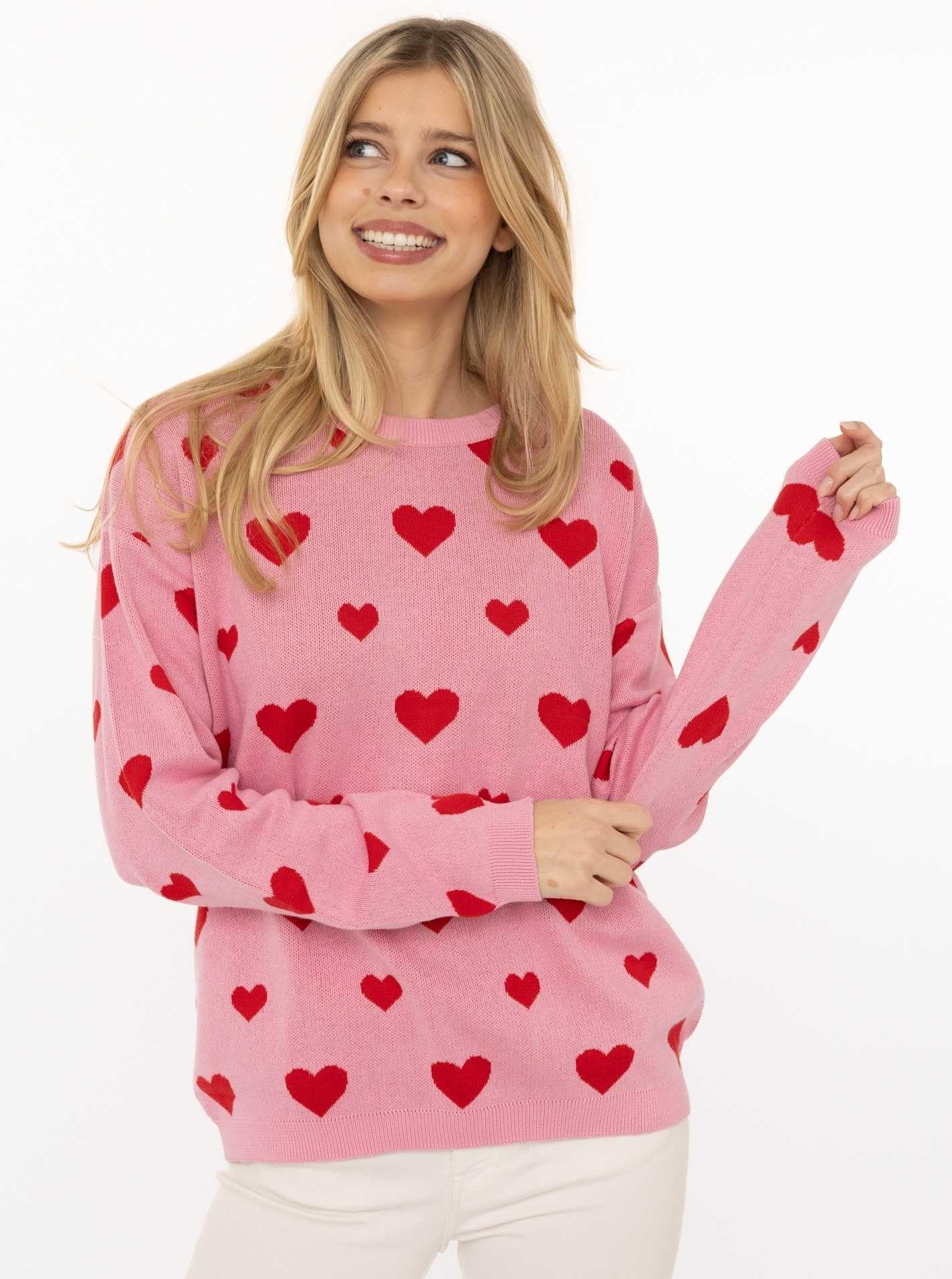 Zwillingsherz Damen Pullover – Sweater mit Herz Print– 100% Baumwolle – Weicher Strickpullover – Stylisch für Alltag, Herbst & Winter