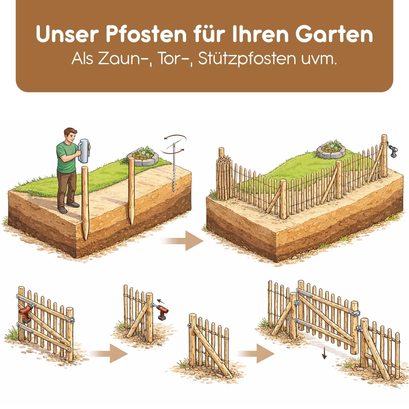 BooGardi Palizzate in legno in 39 misure · 10 cm lunghezza: 140 cm · pali per alberi impregnati · paletti rotondi in legno · palizzata da giardino per bordi o prato