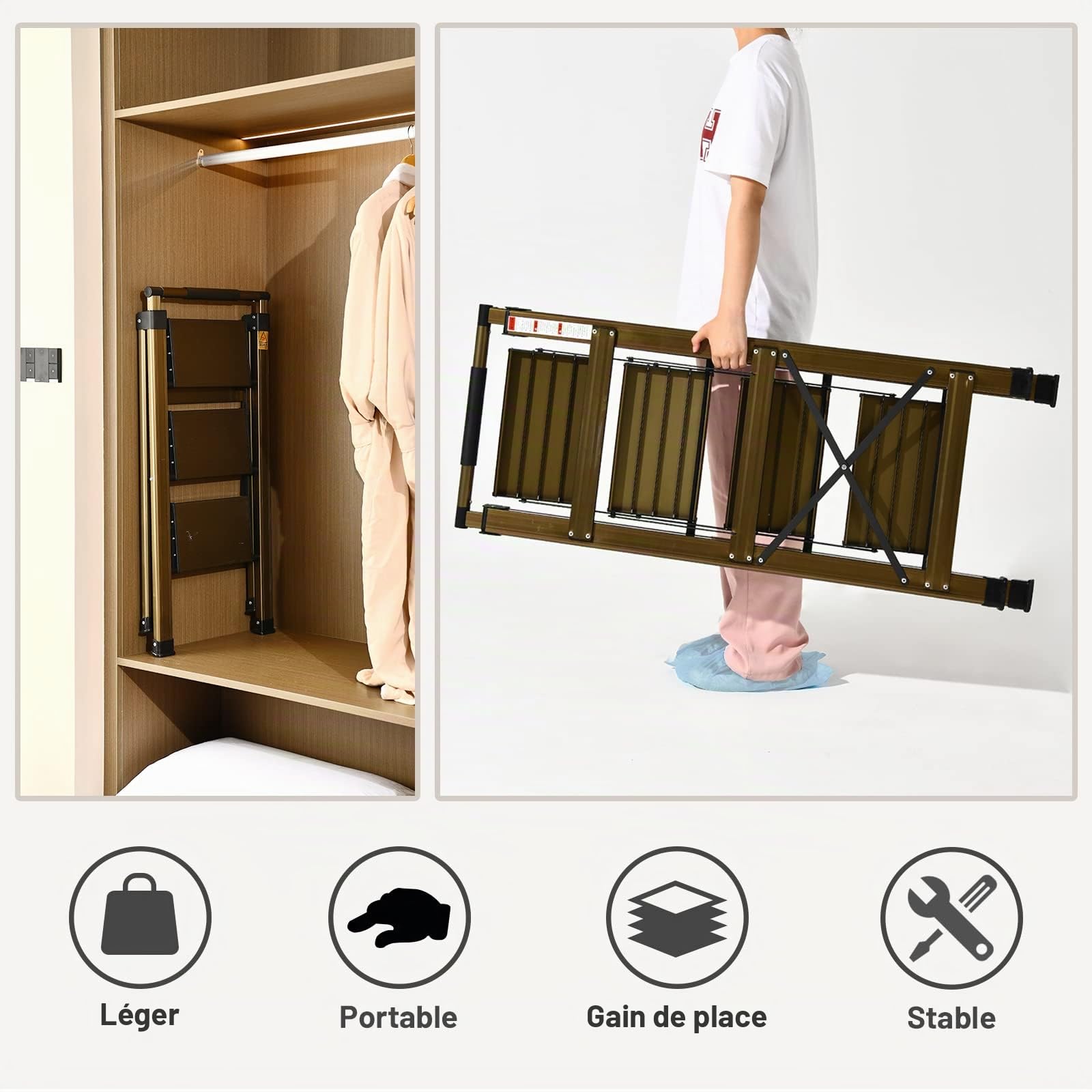 XinSunho Escabeau 3 Marches, Aluminium Pliable avec Poignée Rétractable | Marches antidérapantes | 150 kg | léger et robuste | pliage compact pour maison, cuisine et placard