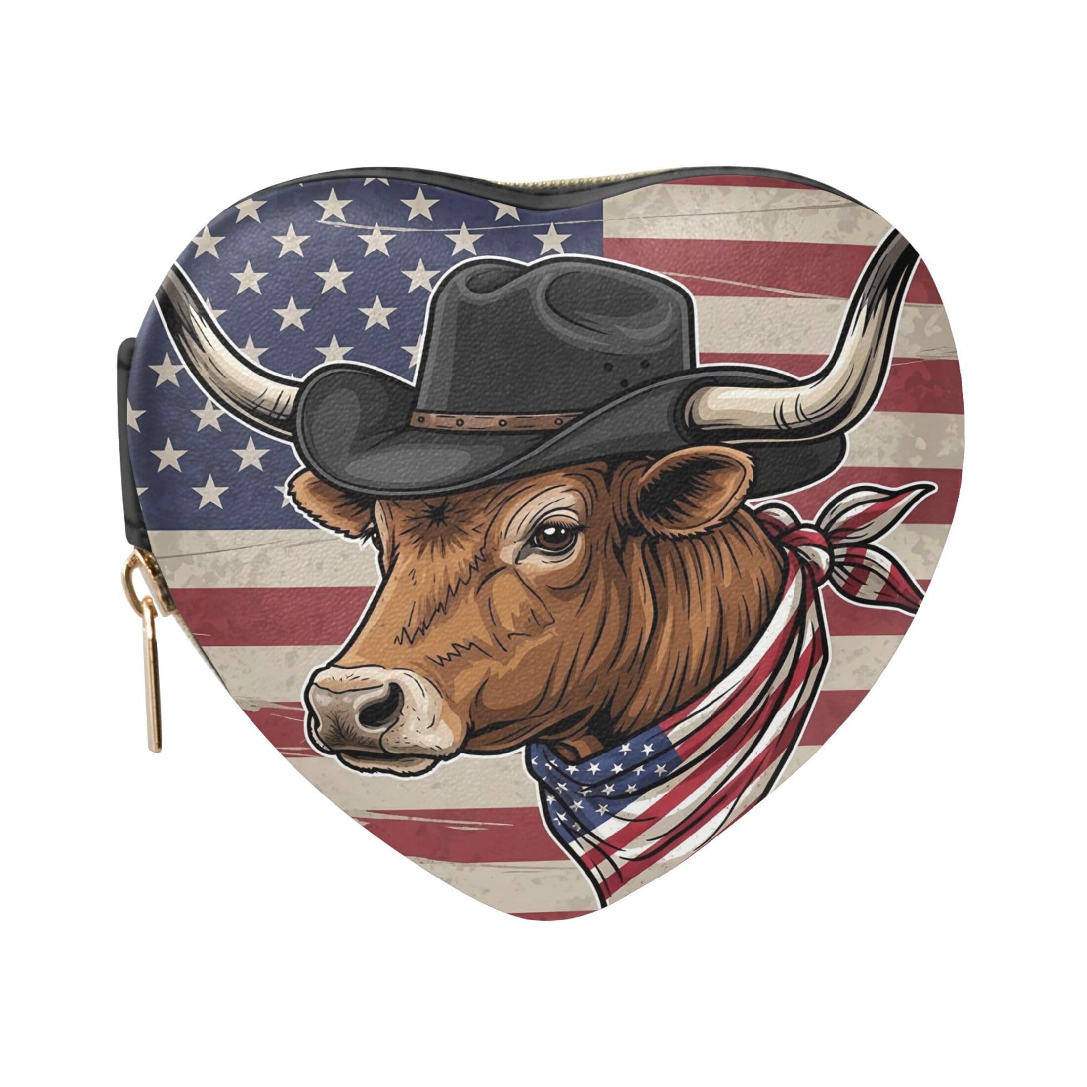 Fuauuyl American Flag Cow Small Jewelry Box Heart-Shaped Jewelry Case, Portable Travel Organizer Bridesmaid Proposal Gift for Women Girls