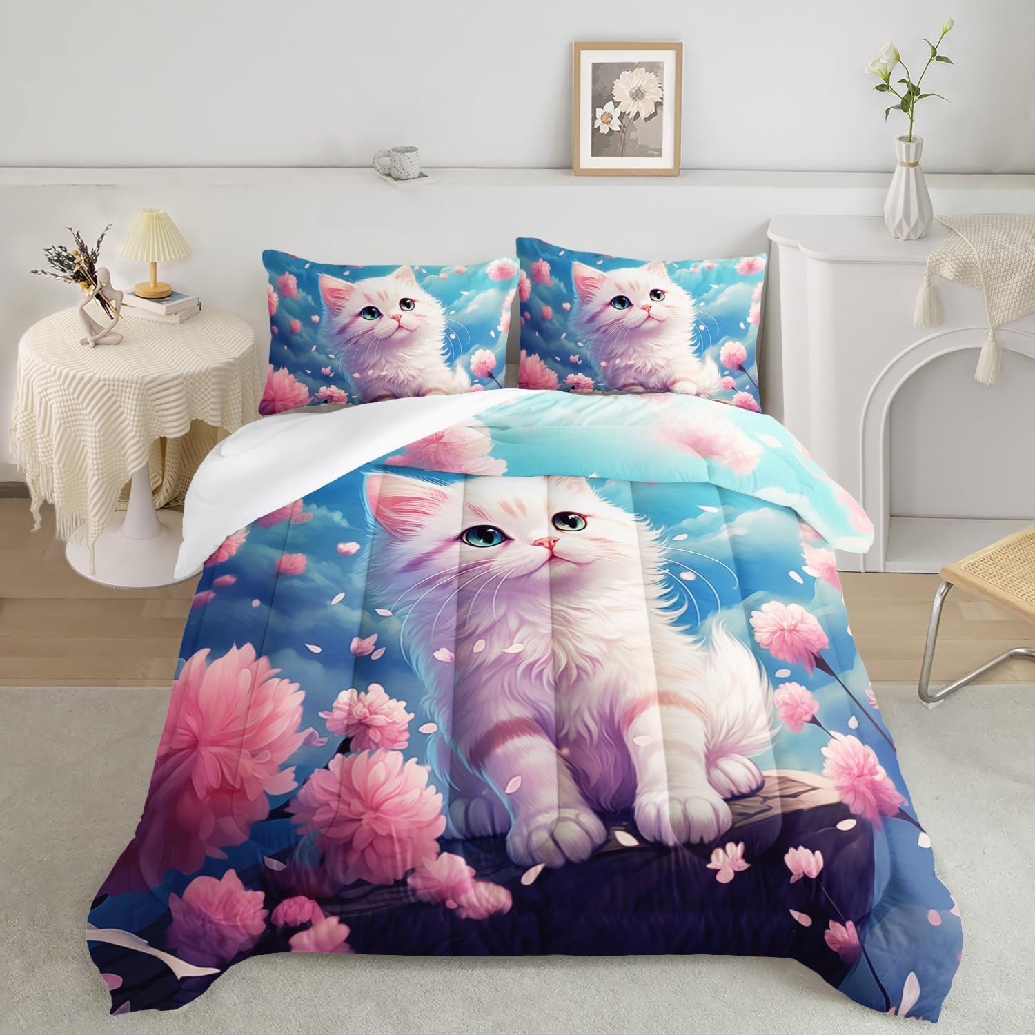 Suncloris Lovely Cartoon Kitten Comforter Set for Kids Teens, Queen Size Romantic Pink Flower Cat Bedding Quilt with 2 Cute Animal Themed Pillowcases- 90