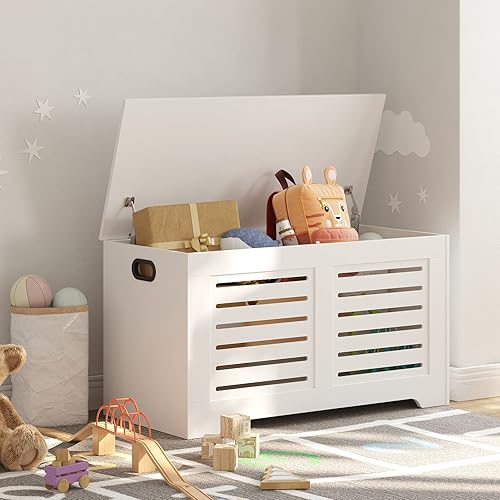 Miniatura 2 de DINZI LVJ Baúl de almacenamiento, caja de juguetes de madera abatible con 2 bisagras de seguridad, banco de almacenamiento retro para zapatos, baúl