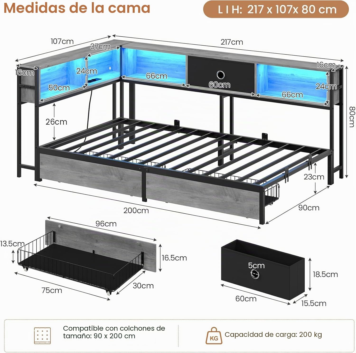 DICTAC Cama juvenil 90x200 con iluminación LED y estación de carga, cama 90 x 200 con espacio de almacenamiento - 5 compartimentos y 2 cajones, cama de día individual 90x200 con somier de metal, cama