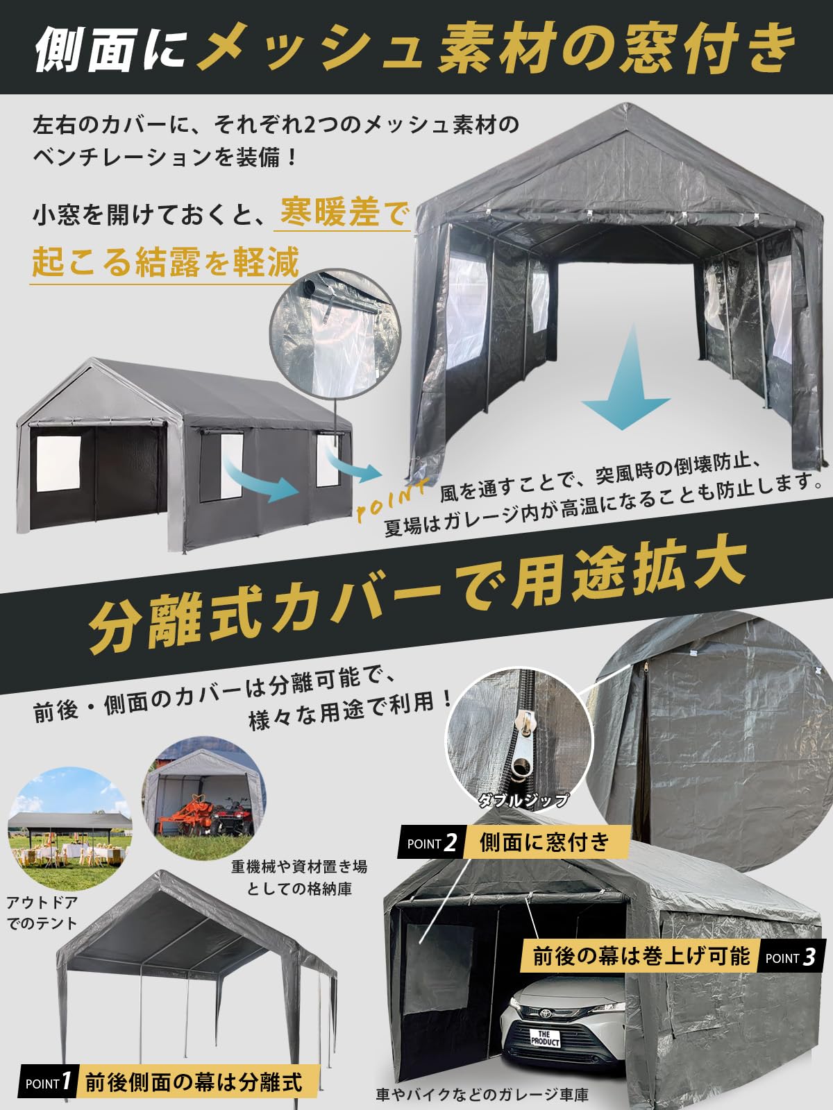 Amazon.co.jp: 【強化版厚み1mm】 ガレージテント カーポート 3×6m 