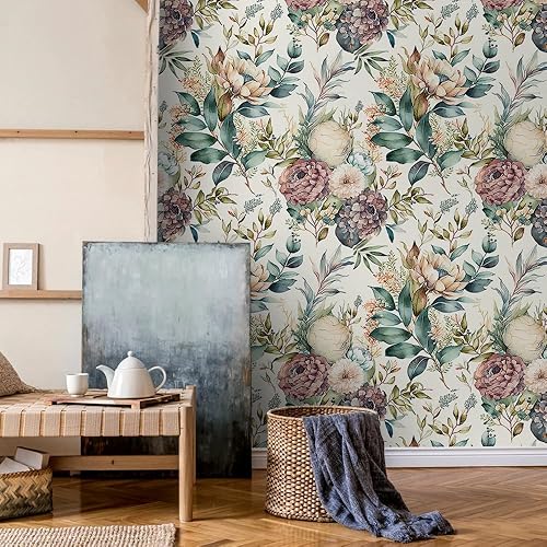 Miniatura 2 de Papel tapiz autoadhesivo con diseño de peonías y flores blancas pálidas, estilo bohemio, autoadhesivo, extraíble, fácil de despegar, para