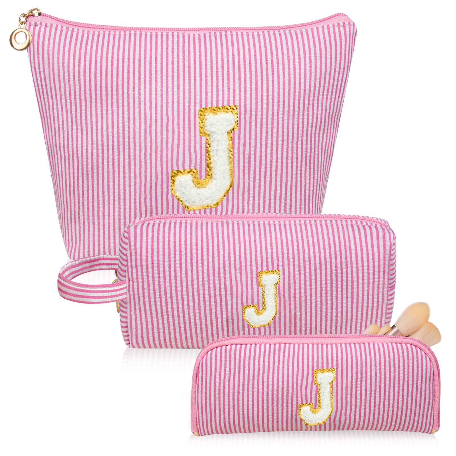 Junesters Initials Makeup Bag Set, Personalized Pink Cosmetic Bag, Cute Large Make up Bags, Travel Toiletry Bag for Women Girl Gifts J (Pink)