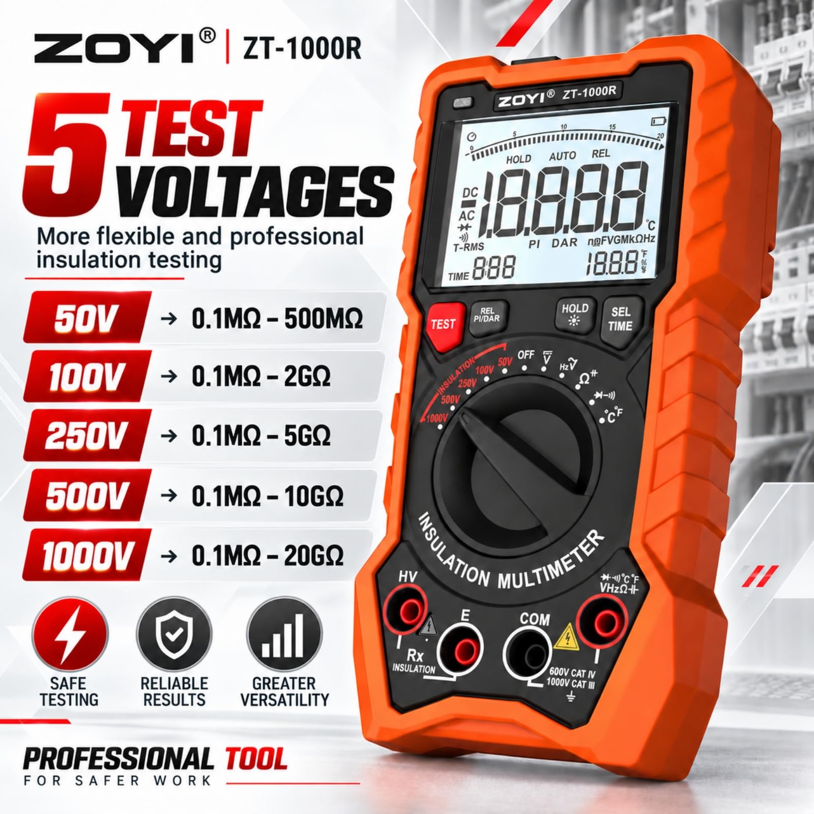 ZOYI ZT-1000R 2 in 1 Megohmmeter Multimeter, 50V/100V/250V/500V/1000V 5 Gear with DAR&PI, Insulation Resistance up to 20GΩ, 19999 Counts Auto Range T-RMS, V,Ω,C,FREQ,Temp, Diode,Continuity Tester — Amazon image 6