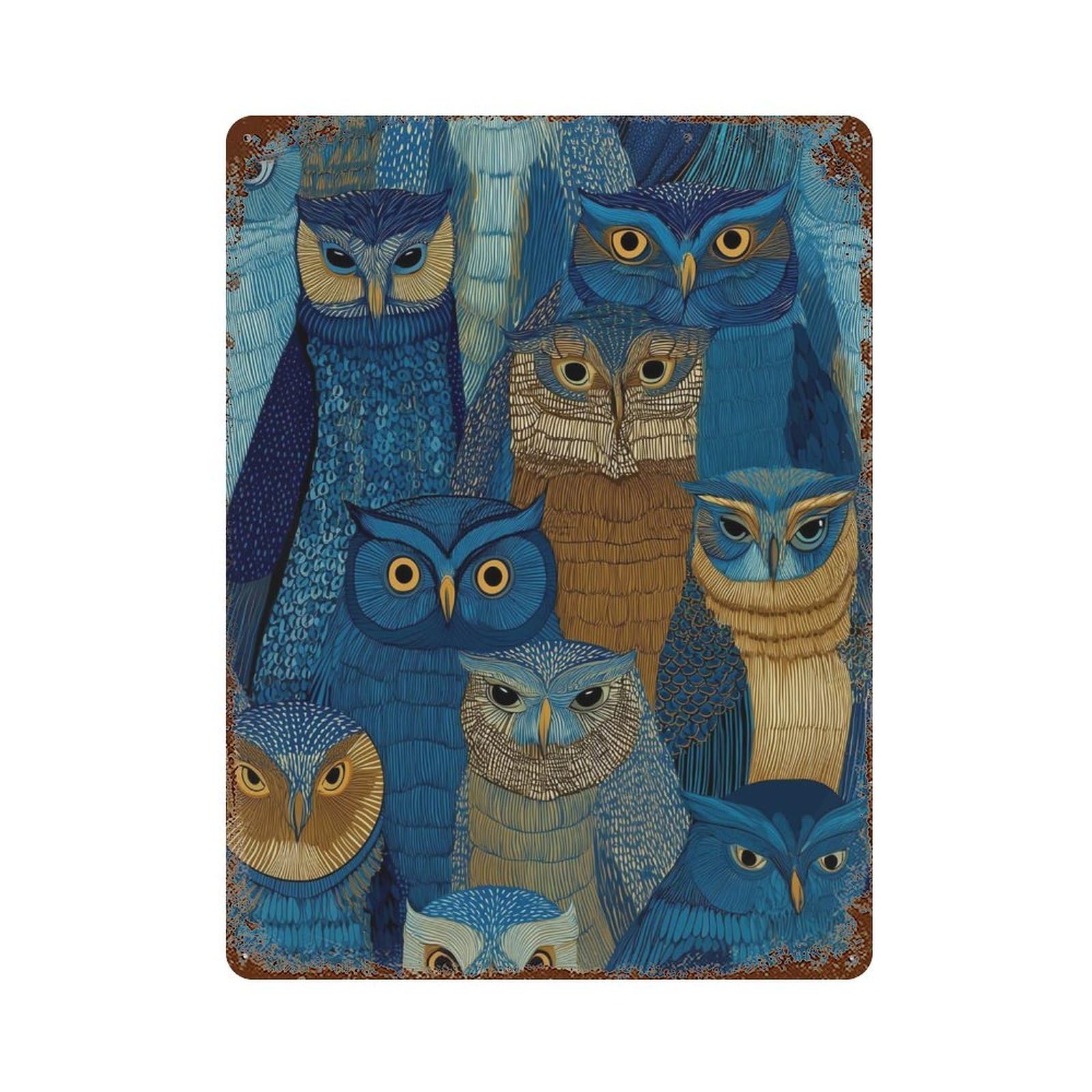 xiaoxiaoshen Owl Colorful Modern Animal Blue And Gold Boho Woodland Unique Bird Lover Wall Decor Art Metal Tin Poster Modern Home Decor Art Home Bar Shop Decorations Vintage Sign 40x30cm