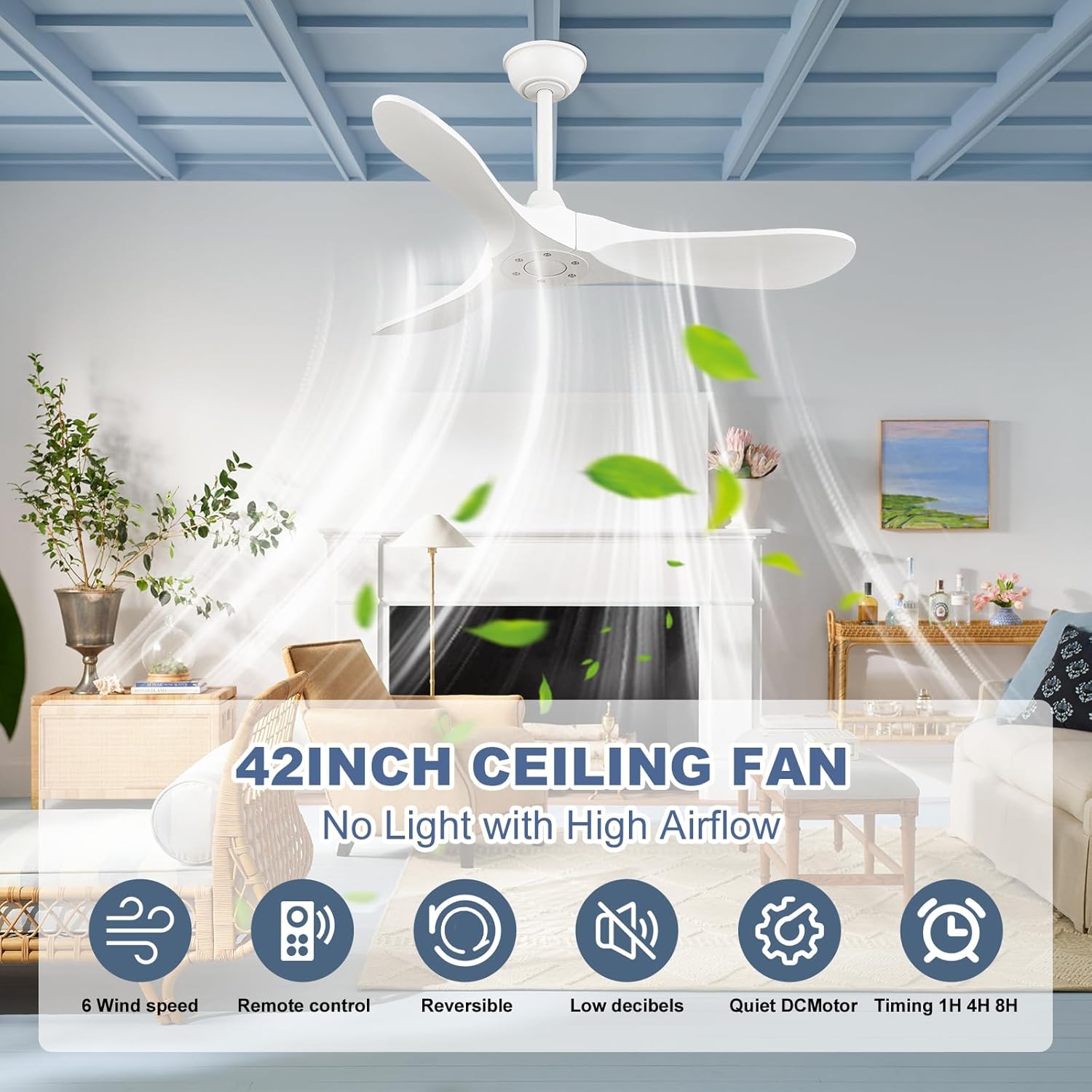 42'' ceiling fan no light,outdoor ceiling fan with remote control,3 solid wood blades with large airflow for bedroom,living room,porch (white) 42 inch white