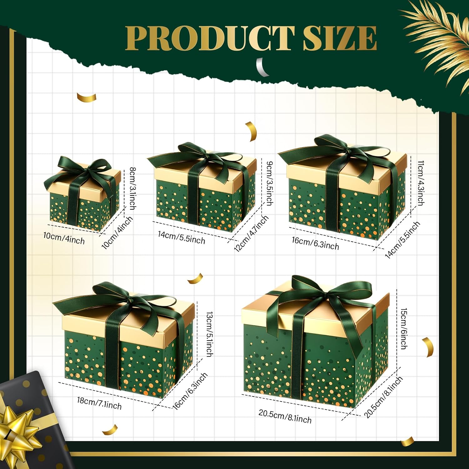 Teenyyou 5 Father's Day Green Square Nesting Boxes Decorative Gift Boxes with Lid and Ribbon 5 Assorted Sizes Wrap for Father's Day Valentine, Anniversary, Birthday