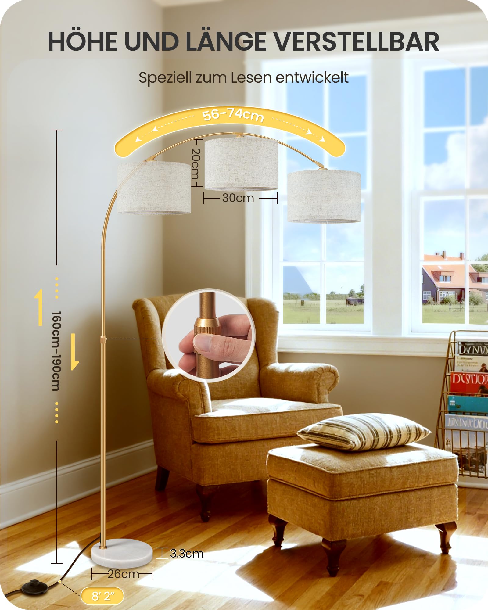 Lámpara de Pie Arco, Altura Ajustable 158-188cm, con Bombilla LED y Mando, Tegulación Continua de Brillo y 3CCT, Luz Direccional con Cabezal Orientable y Base Pesada, Beige y Oro