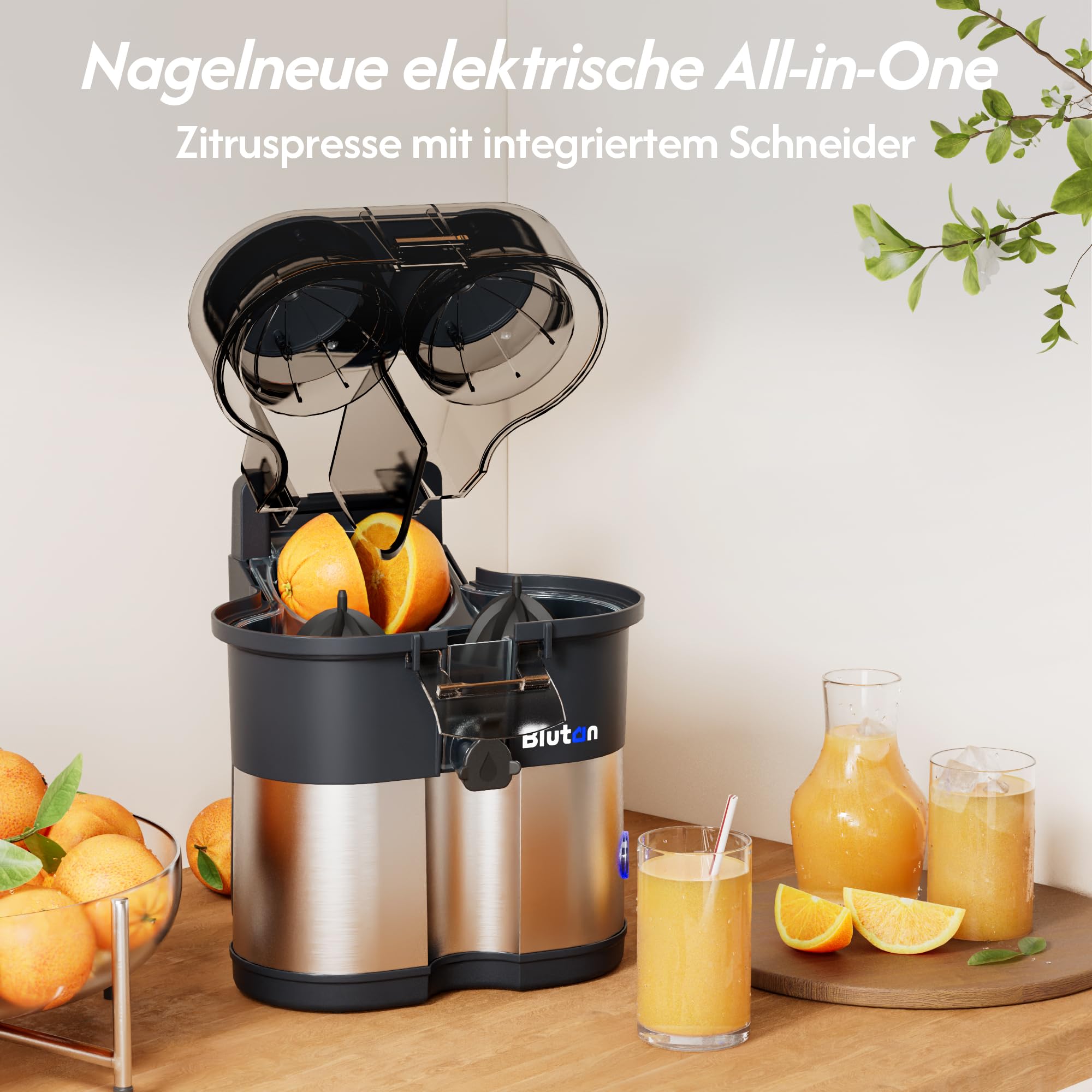 B Juicy O2 Elektrische Zitruspresse & Orangenpresse – Doppelkegel-Entsafter mit Schneider, vollautomatisch, 100W，13500 U/min, BPA-frei, 380ml, leicht zu reinigen, für Orangen, Zitronen & mehr