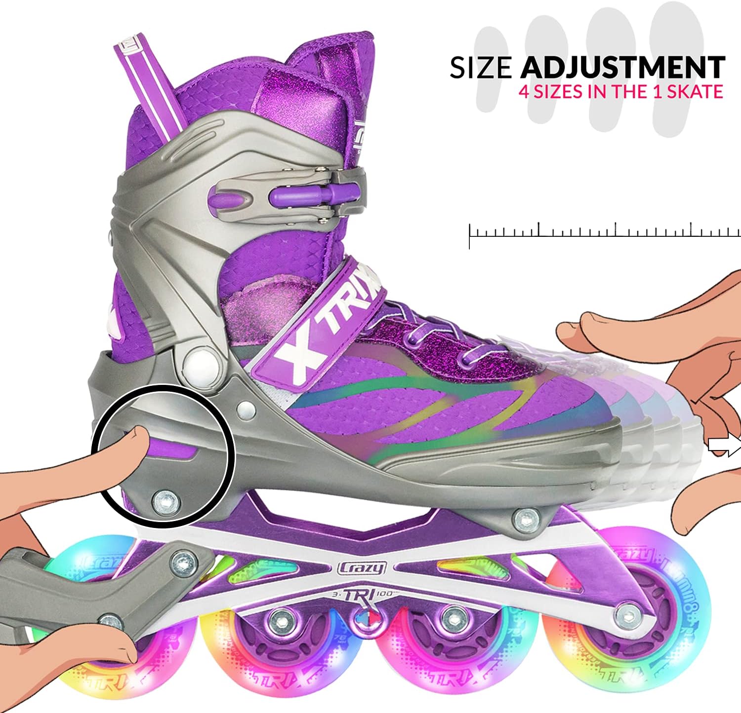 Crazy Skates Trix Size Adjustable Inline Skates with Light Up Wheels - Available with 3 or 4 Wheels