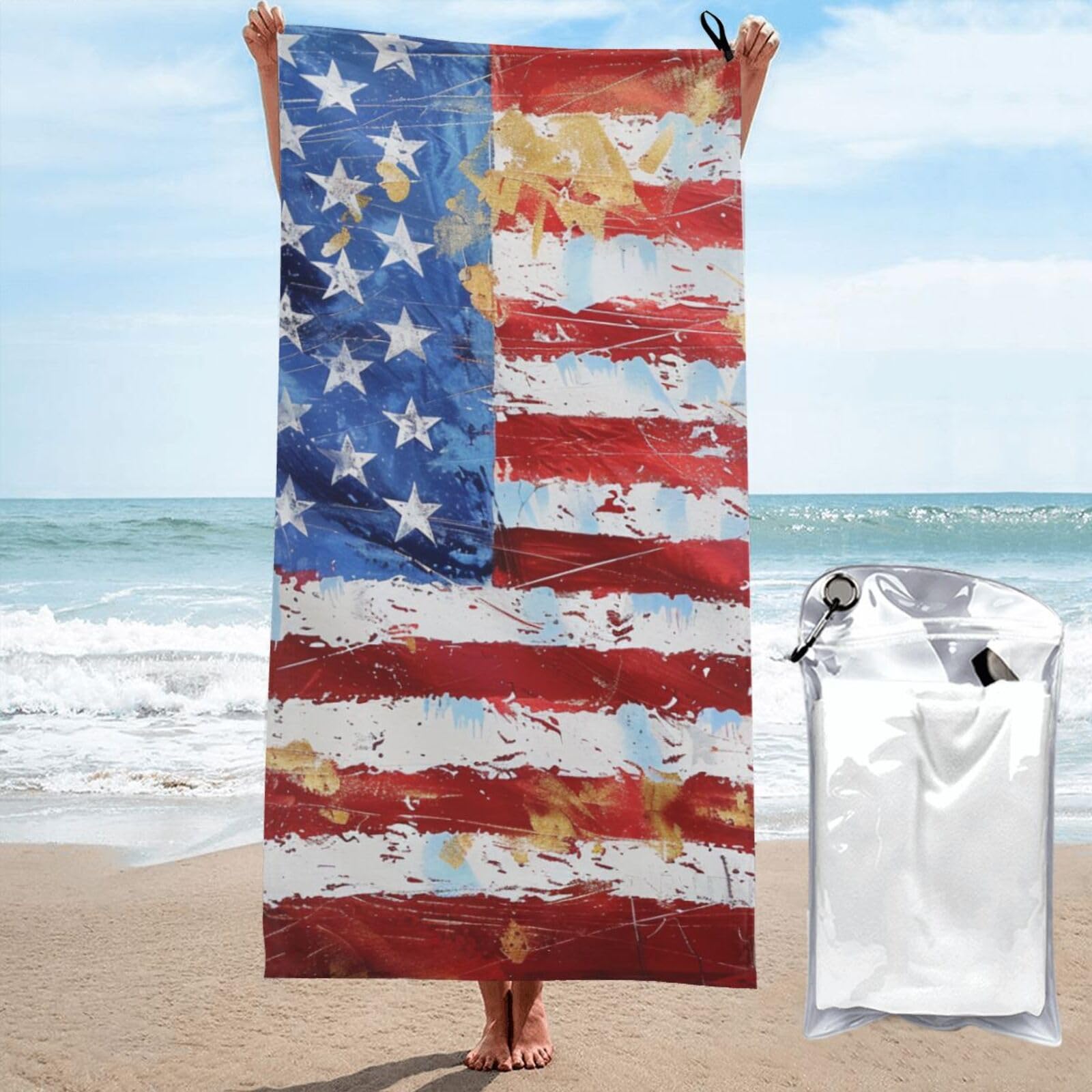 BWWHCCTI American Flag Independence Fourth of July Printed Microfiber Quick Dry Beach Towel 80x160 CM, Fast Drying Bath Towels with Bags for Travel,Camping,Gym,Beach,Swimming,Yoga