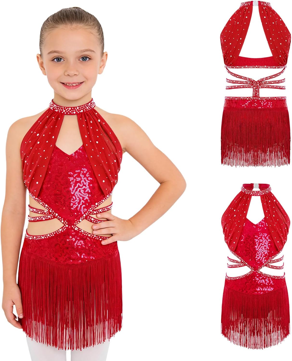 Kids Girls Fringe Latin Dance Dress Rhinestones Sequin Tassel Dress Modern Jazz Cha Cha Dance Ballroom Costume