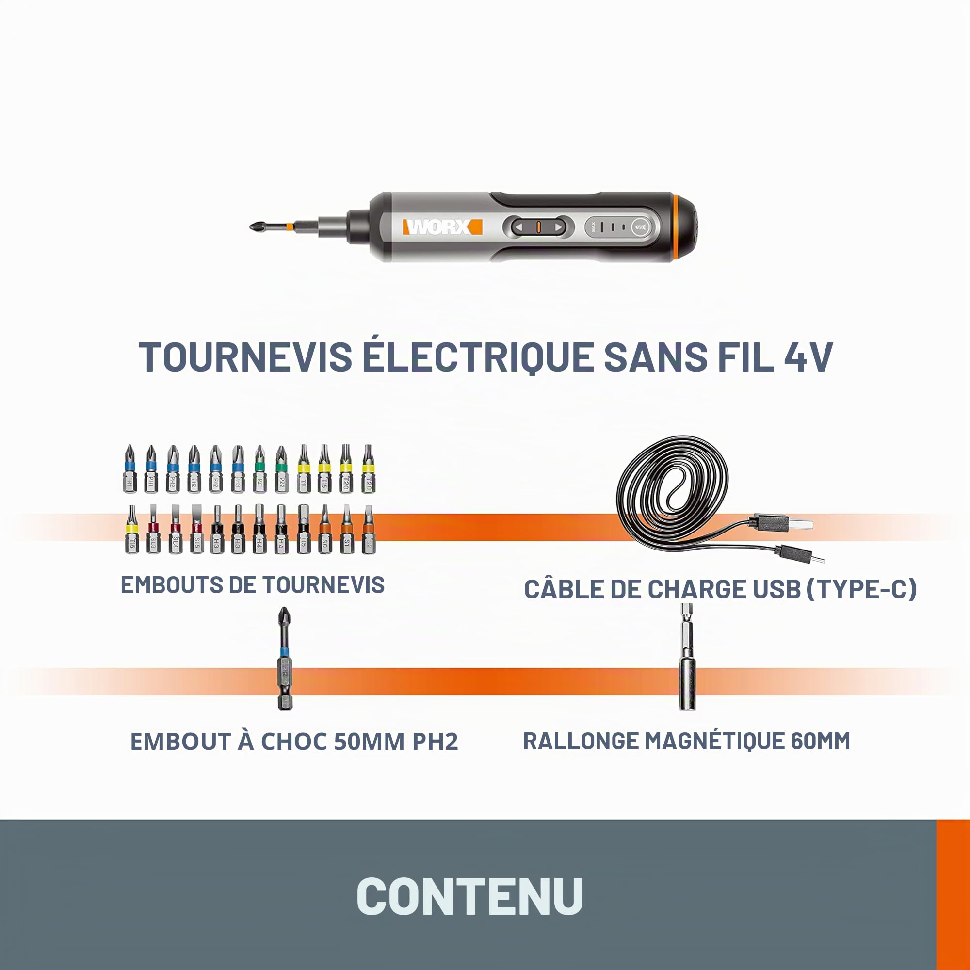 WORX WX240 Mini tournevis électrique 3,6 V (4 V max) avec couple à 3 vitesses, puissance 5 Nm, 24 embouts de tournevis, lumière LED, léger, sans fil, chargement USB C, idéal pour les projets