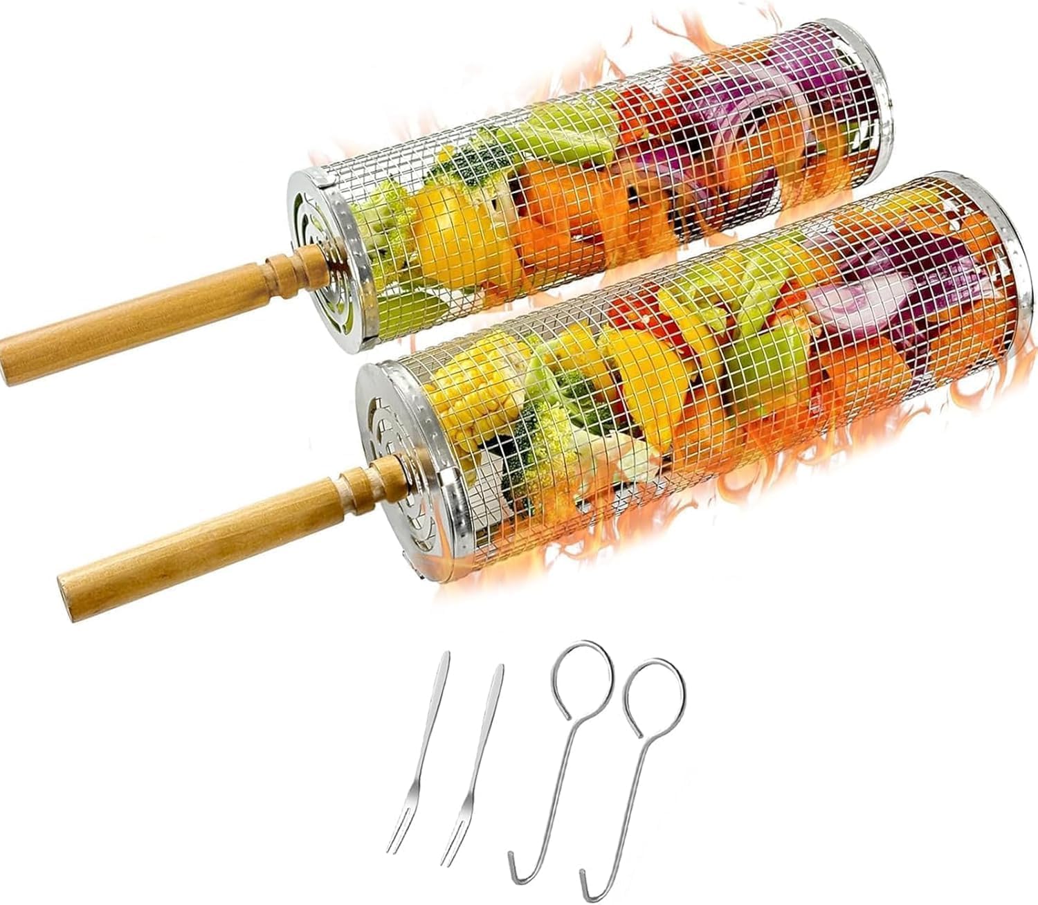 Set 2 Cestelli per Griglia Impilabile Rotanti, Manici in Legno Rimovibili, Acciaio Inossidabile 304, Ideali per Gamberetti, Pesce e Carne, Verdure, Antiruggine, Regalo Perfetto per BBQ