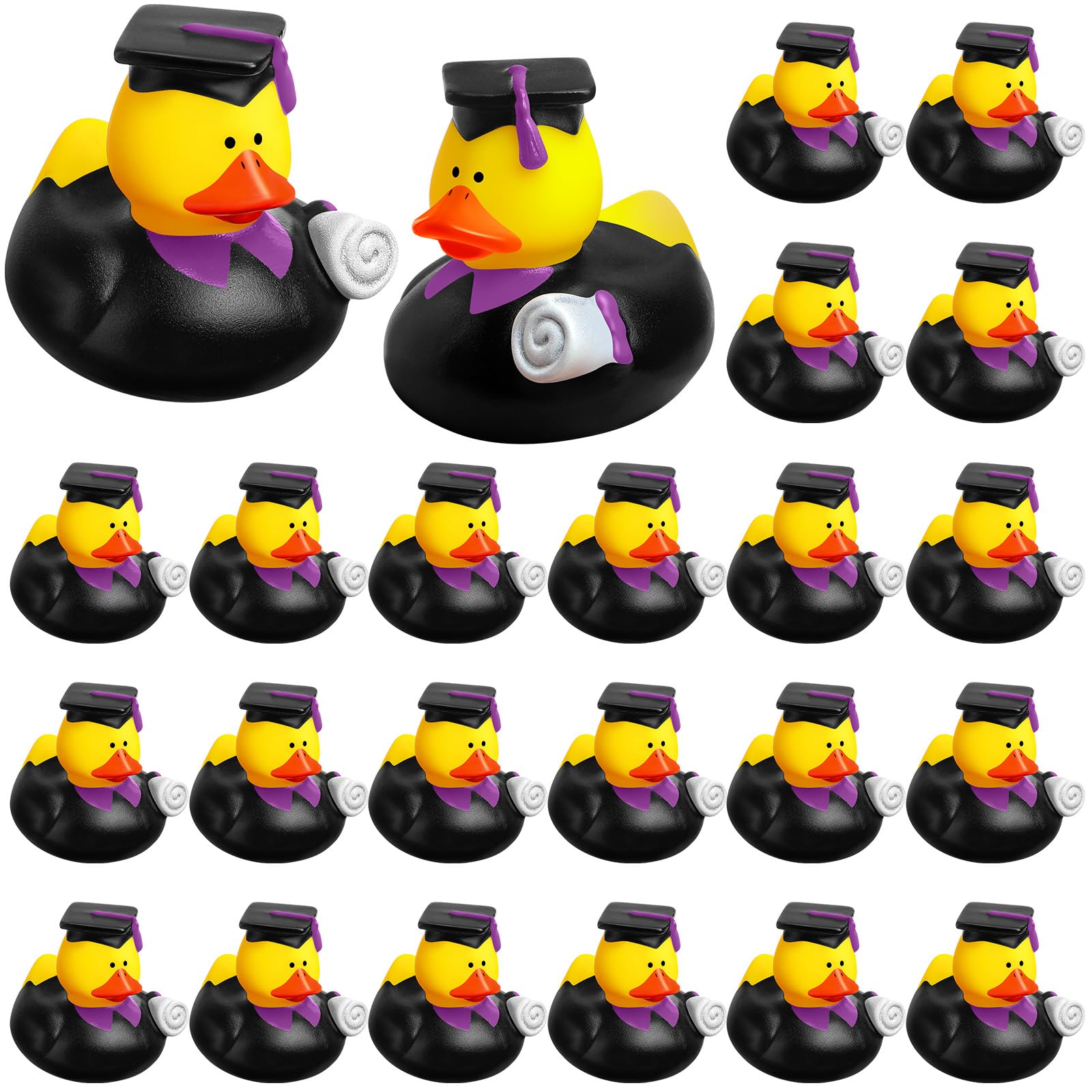 Sratte 24 Pack 2" Bulk Rubber Ducks Squeaky Stress Relief Graduation Ducks Class Diploma Grad for Cruise Student Adults Graduates Gift Prize Party